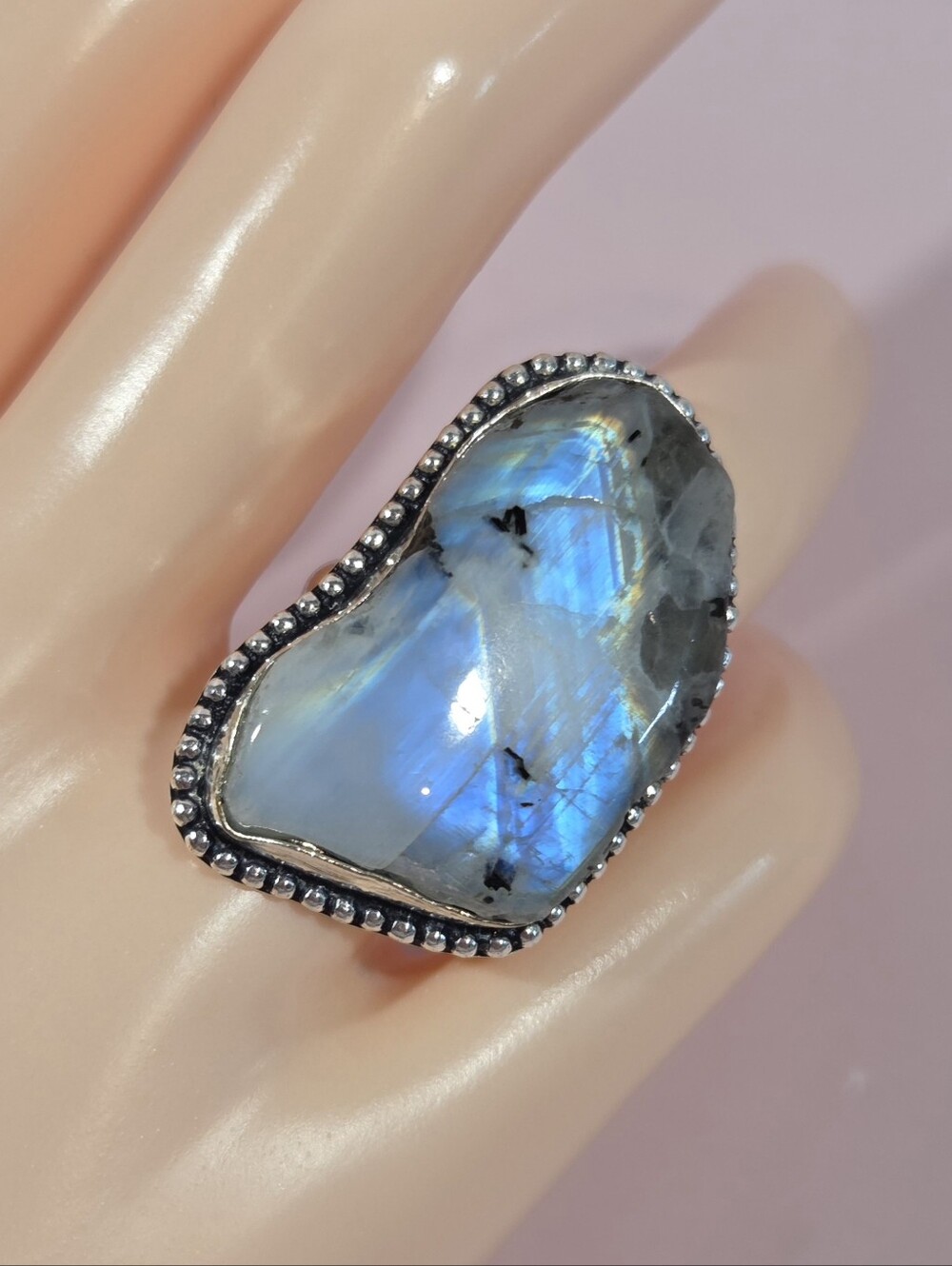Beautiful Natural Large Flashy Moonstone Bezeled Gemstone Ring/ Silver Overlay